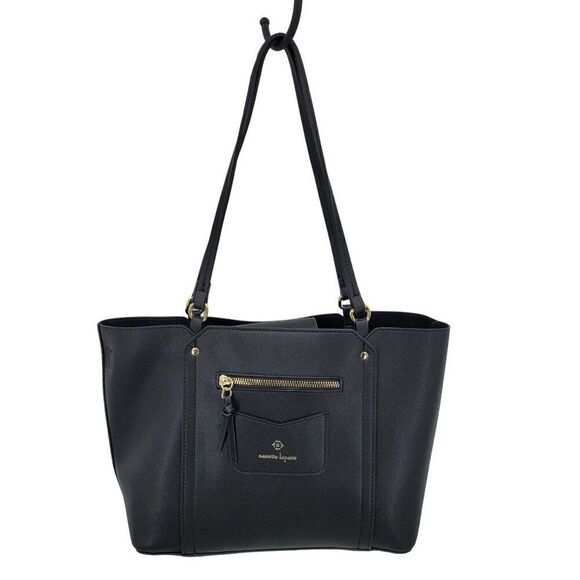 Nanette Lepore Black Vegan Faux Leather Tote Bag Multiple Pockets Shoulder Large - Picture 1 of 11